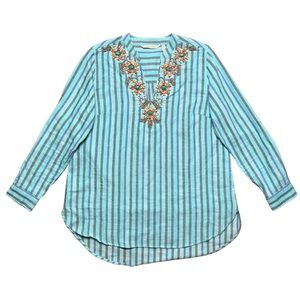 Soft Surroundings Oversized Tunic XS Petite Beaded Boho Western Aqua Lagenlook